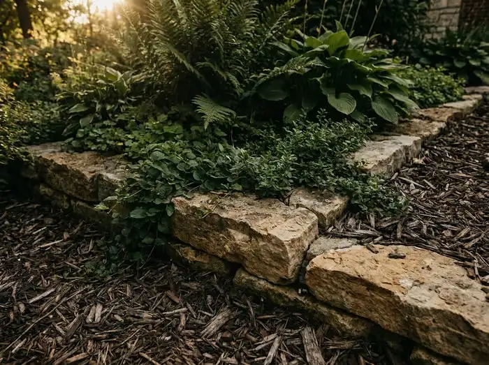 Close-up material study of a planted garden bed edge, with layered foliage and a stone border.