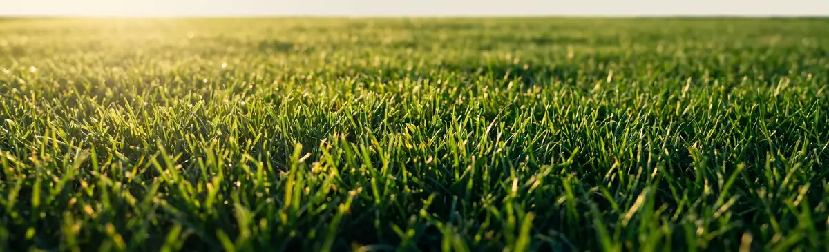 Dense, freshly mowed lawn with sunlit turf blades in the foreground.